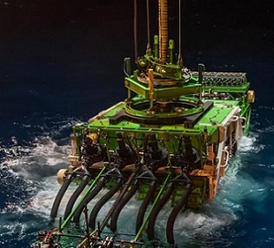Deep sea mining robot Patania II beginning its descent into the Pacific Ocean. Credit - GSR/Reuters