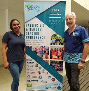 (From left) Pacific GIS and Remote Sensing Council vice-chair Salote Viti and Chairman Wolf Forstreuter at the University of the South Pacific Laucala Campus in Suva on November 22, 2021. Credit - Pacific Gis And Remote Sensing Council
