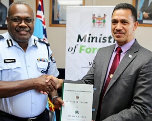 The signing was officiated by the Ministry of Forestry’s Permanent Secretary Mr. Pene Baleinabuli and the Acting Commissioner of Police Rusiate Tudravu. Credit - https://www.fijitimes.com/