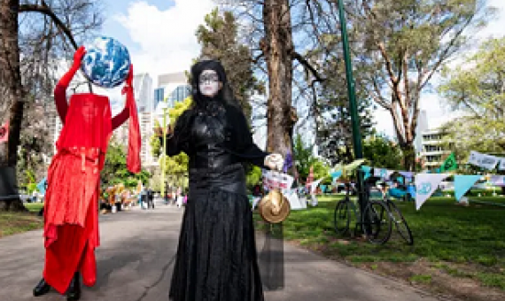 Protesters at an Extinction Rebellion rally at the Carlton Gardens camp in Melbourne on Friday. Photograph: Annette Ruzicka
