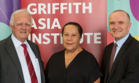 Dame Meg Taylor flanked by (L-R) Bruce Miller AO, Henry Smerdon, Professor David Grant, Professor Caitlin Byrne. 11/11/19 Griffith Asia Institute Asia lecture at QCA.