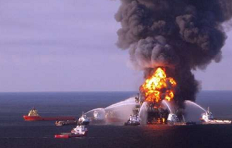 The Deepwater Horizon oil-drilling platform is shown in flames in the Gulf of Mexico two days after an explosion killed 11 workers on the rig