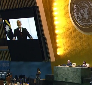 Nauru's President Lionel Aingimea addresses the UN General Assembly by video link, 23 September, 2021. Credit - United Nations