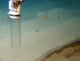 Sampling at a 6-year-old plough track in the DISCOL-area. Credit: ROV-Team/GEOMAR