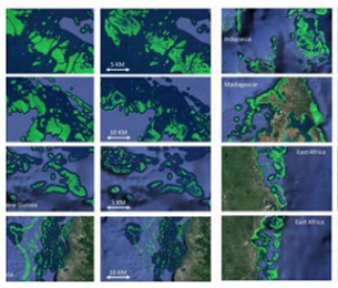 Visual comparisons of a map by the United Nations Environment Program World Conservation Monitoring Centre (UNEP-WCMC), the leading global coral reef map, and the GDCS coral reef extent map in different regions, including (a) Great Barrier Reef (GBR), Australia, Papua New Guinea, Indonesia; (b) Madagascar, East Africa; (c) Red Sea, Samoa, Virgin Islands. Credit: Center for Global Discovery and Conservation Science at Arizona State University
