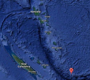 The red marker shows where Matthew and Hunter are in relation to Vanuatu and New Caledonia. Photo: Google maps
