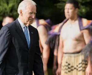 Joe Biden being welcomed to New Zealand by Maori warriors during a visit in 2016. Pacific nations have welcomed his election to the presidency of the United States. Photograph: Chris Cameron/AFP/Getty Images