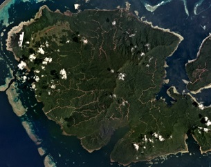 Tree cover loss data from the University of Maryland indicate most of the logging roads on Vanikoro were cleared in 2017. Since then, satellite imagery shows logging efforts expanded in the southern part of the island near Peau in 2019 and at several sites in Vanikoro’s northern half in 2020. Credit - Mongabay.com