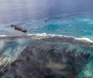 This aerial view taken on August 8, 2020 shows a large patch of leaked oil and the vessel MV ... [+] AFP VIA GETTY IMAGES