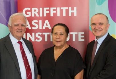Dame Meg Taylor flanked by (L-R) Bruce Miller AO, Henry Smerdon, Professor David Grant, Professor Caitlin Byrne. 11/11/19 Griffith Asia Institute Asia lecture at QCA.