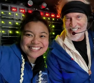 Inside the submersible Limiting Factor close to the ocean floor, Nicole Yamase and pilot/owner Victor Vescovo Photo: RNZ Pacific / Giff Johnson