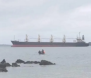 Bulk carrier MV Quebec at anchor in Graciosa Bay in Temotu, Solomon Islands. Photograph: National Disaster Management Office/The Guardian