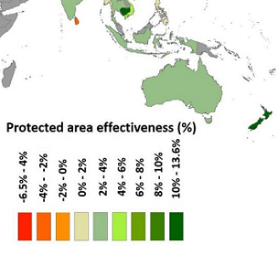 A global study, conducted by OIST researcher, Dr. Payal Shah, estimated protected area effectiveness by country, ranging from least effective (red) to most effective (dark green). Credit: OIST