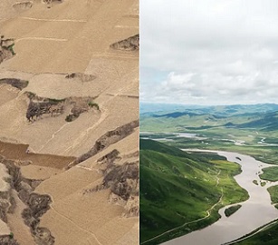 he Loess plateau, in China, in 2007, left, and transformed into green valleys and productive farmland in 2019. Composite: Rex/Shutterstock/Xinhua/Alamy