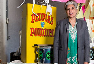 Environmental lawyer and activist Farhana Yamin at the London offices of the global movement Extinction Rebellion. Credit: Richard Saker/Guardian/eyevine