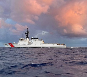 The crew of the Coast Guard Cutter Kimball (WMSL 756) underway in the Pacific, April 4, 2021. The Kimball was conducting an expeditionary patrol supporting Operation Blue Pacific, Op Rai Balang, and Op Aloha Shield. U.S. COAST GUARD