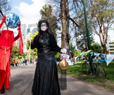 Protesters at an Extinction Rebellion rally at the Carlton Gardens camp in Melbourne on Friday. Photograph: Annette Ruzicka