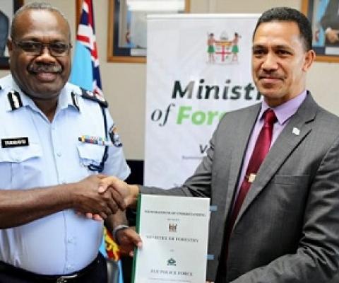 The signing was officiated by the Ministry of Forestry’s Permanent Secretary Mr. Pene Baleinabuli and the Acting Commissioner of Police Rusiate Tudravu. Credit - https://www.fijitimes.com/