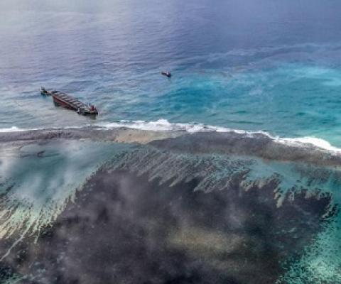 This aerial view taken on August 8, 2020 shows a large patch of leaked oil and the vessel MV ... [+] AFP VIA GETTY IMAGES
