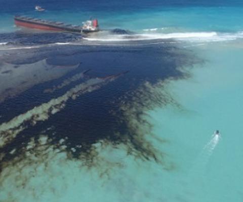 The stranded MV Wakashio leaking oil off the southeastern coast of Mauritius. Image courtesy of Greenpeace Africa.