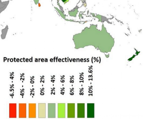 A global study, conducted by OIST researcher, Dr. Payal Shah, estimated protected area effectiveness by country, ranging from least effective (red) to most effective (dark green). Credit: OIST