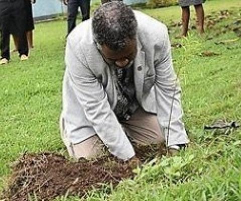 Minister of Climate Change, Bruno Tau Leingkone planting a tree. Photo: Department of Environment