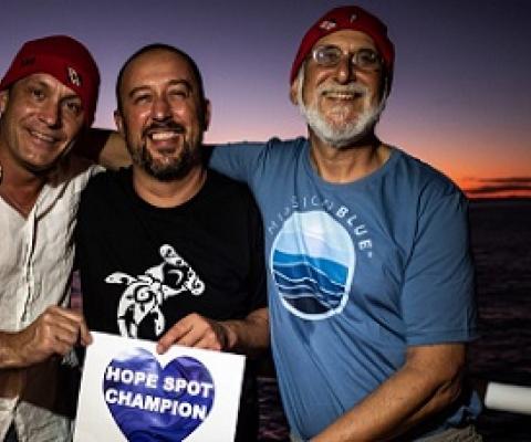 he Cocos-Galapagos Swimway was nominated as a Hope Spot by Turtle Island Restoration Network Executive Director Todd Steiner (right), pictured on a Cocos Island research expedition with Dr. Alex Hearn, founder of MigraMar (center) and Joakim Odelberg.