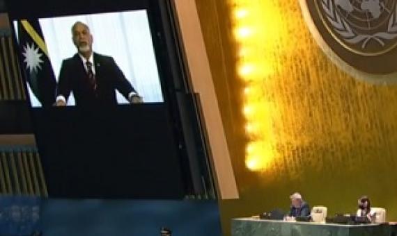 Nauru's President Lionel Aingimea addresses the UN General Assembly by video link, 23 September, 2021. Credit - United Nations