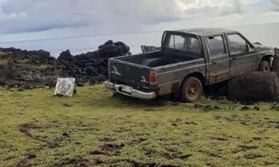  A pickup truck collided with a moai platform on Easter Island. Photograph: Ma'u Henua community/Facebook
