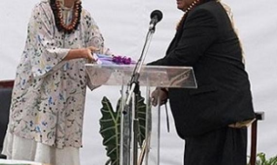 New Zealand High Commissioner HE Tiffany Babington and Prime Minister Hon Dr Pohiva Tu'i'onetoa launch the Climate Resilient Islands Programme, Fa'onelua Centre, Nuku'alofa. Credit - www.matangitonga.to