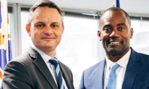 Minister of Maritime Affairs and the Blue Economy Kirk Humphrey, greets New Zealand’s Minister for Climate Change James Shaw during his recent visit to Barbados