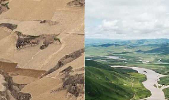 he Loess plateau, in China, in 2007, left, and transformed into green valleys and productive farmland in 2019. Composite: Rex/Shutterstock/Xinhua/Alamy