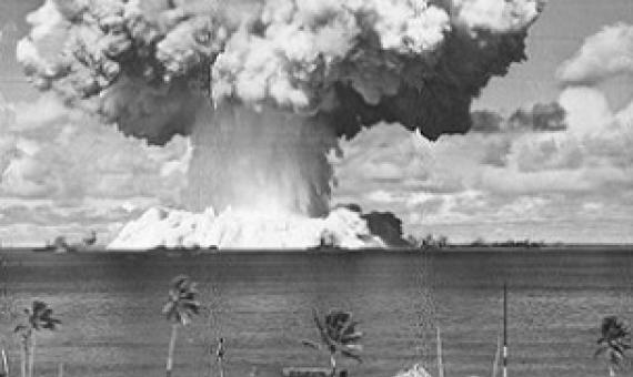 The "Baker" underwater nuclear weapons test at Bikini Atoll in 1946. Dozens of World War II vessels were used as targets for this weapons test, and now lie on the atoll's lagoon floor. Photo: US Navy. Photo: Supplied/ Giff Johnson