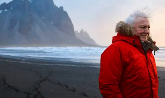 David Attenborough on location filming Seven Worlds, One Planet on the Stokksnes peninsula, Iceland. Photograph: Alex Board/PA